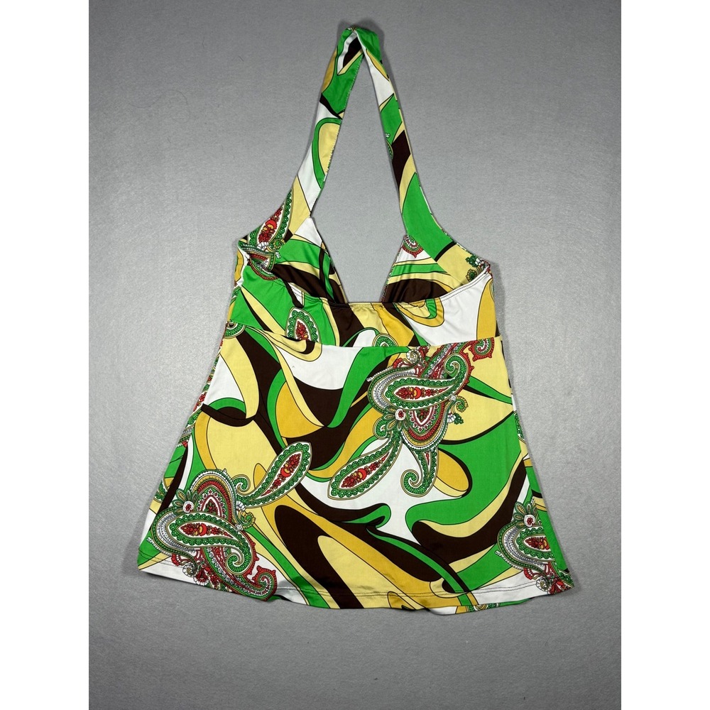 Y2K Retro Boho Paisley Babydoll Janice Halter Top Green Yellow Size Medium - Picture 5 of 6